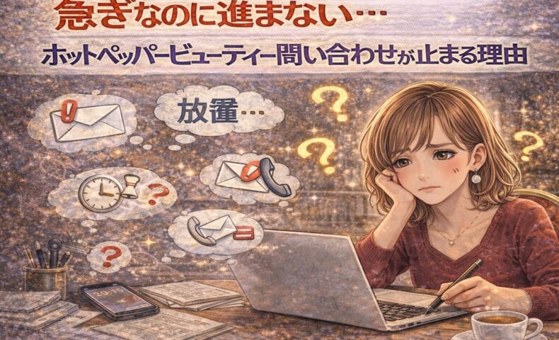 ホットペッパービューティーのトラブル時に役立つ問い合わせ方法を解説するアイキャッチ画像。案内板やチェックリストを前に、落ち着いて対応を確認するサロンオーナーのイラスト。