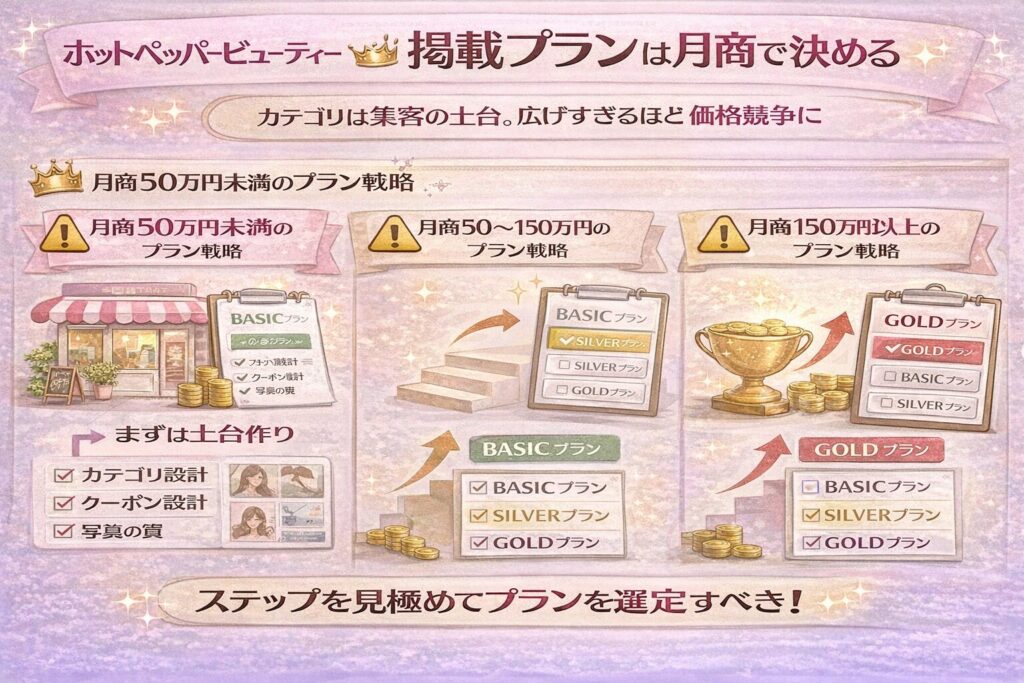 ホットペッパービューティーの掲載プランを月商別に選ぶ戦略をまとめた横型インフォグラフィック。月商50万円未満、50〜150万円、150万円以上の3段階で、土台作り・成長期・攻めの戦略を図解している。