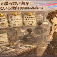 美容院で喋らない客が増えている理由をテーマに、静かにスマホを見る客と本音を考える美容師、サイレントメニュー表示を描いたアンティーク調アニメ風アイキャッチ画像