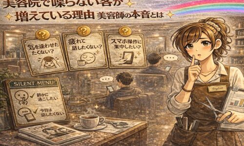 美容院で喋らない客が増えている理由をテーマに、静かにスマホを見る客と本音を考える美容師、サイレントメニュー表示を描いたアンティーク調アニメ風アイキャッチ画像