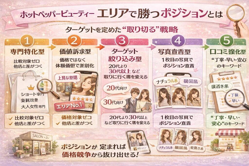 ホットペッパービューティーでエリア内ポジションを確立する5つの戦略をまとめた横型インフォグラフィック。専門特化型、価値訴求型、ターゲット絞り込み型、写真宣言型、口コミ強化型をアイコン付きで整理し、「誰に選ばれるか」を明確にする重要性を視覚的に表現している。