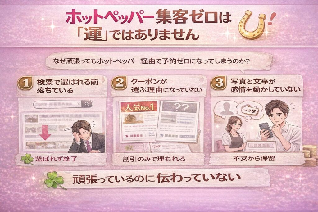 ホットペッパー集客ゼロは運ではない理由を解説した横型インフォグラフィック。検索前落ち・クーポン設計不足・感情訴求不足・予約前不安の4要因を示す画像。