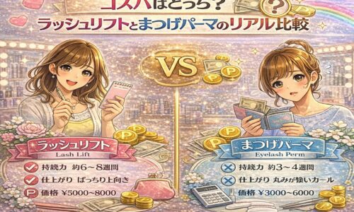 ラッシュリフトとまつげパーマのコスパを比較した華やかな美容イメージ