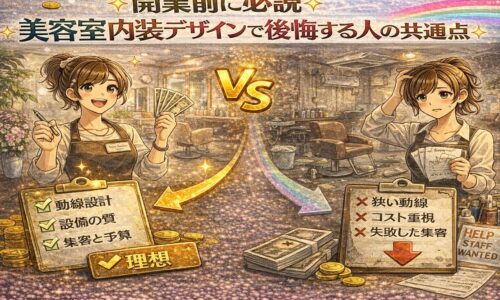 客単価が上がる美容室内装デザインをテーマに、高級感あるサロン空間と売上上昇グラフ、前向きな美容師を描いたアニメ風アイキャッチ画像
