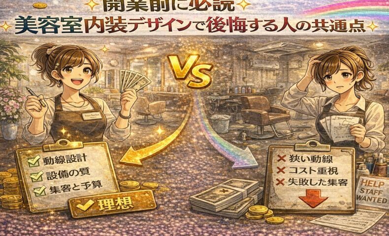 客単価が上がる美容室内装デザインをテーマに、高級感あるサロン空間と売上上昇グラフ、前向きな美容師を描いたアニメ風アイキャッチ画像