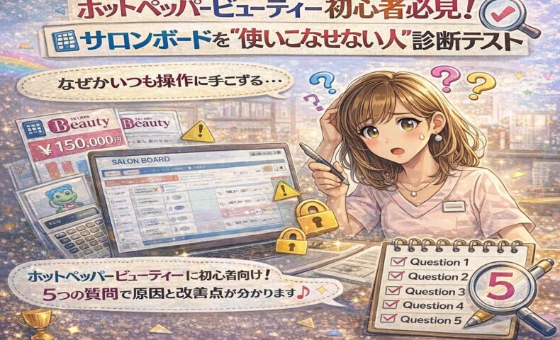ホットペッパービューティー初心者のサロンオーナーが、サロンボードの操作に悩みながら診断テストを受けている様子を描いたアイキャッチ画像。管理画面、警告アイコン、チェックリストが配置され「使いこなせていない状態」を表現。