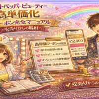 ホットペッパービューティーの高単価化クーポン戦略を解説するアイキャッチ画像。安売りに悩む女性オーナーと、高単価クーポン（12,000円）を提示する男性。中央には「高付加価値の訴求」「セット設計」「客単価UP」などのチェックリスト、背景はゴールドと虹で成功を演出。