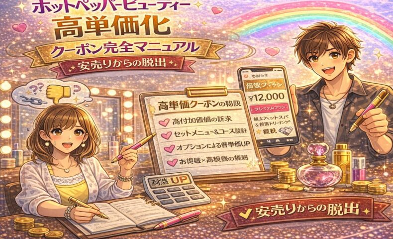 ホットペッパービューティーの高単価化クーポン戦略を解説するアイキャッチ画像。安売りに悩む女性オーナーと、高単価クーポン（12,000円）を提示する男性。中央には「高付加価値の訴求」「セット設計」「客単価UP」などのチェックリスト、背景はゴールドと虹で成功を演出。