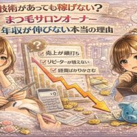 技術があっても稼げないまつ毛サロンオーナーの悩みと年収停滞の理由を表現したイメージ