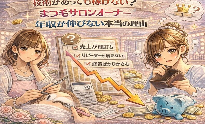 技術があっても稼げないまつ毛サロンオーナーの悩みと年収停滞の理由を表現したイメージ