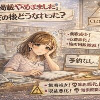 「掲載やめました」その後どうなった？と悩むサロンオーナーが、集客減少や収益悪化に直面している様子を描いたイラスト