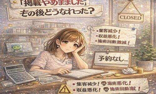 「掲載やめました」その後どうなった？と悩むサロンオーナーが、集客減少や収益悪化に直面している様子を描いたイラスト
