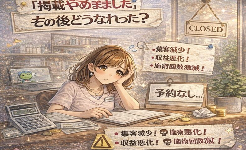「掲載やめました」その後どうなった？と悩むサロンオーナーが、集客減少や収益悪化に直面している様子を描いたイラスト