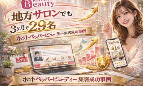 地方サロンがホットペッパービューティーで3ヶ月間に新規29名を獲得した成功事例を、上昇グラフやランキング1位表示のスマホ画面、日本地図シルエットとともに華やかに表現したアイキャッチ画像。