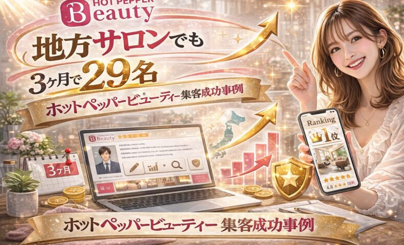 地方サロンがホットペッパービューティーで3ヶ月間に新規29名を獲得した成功事例を、上昇グラフやランキング1位表示のスマホ画面、日本地図シルエットとともに華やかに表現したアイキャッチ画像。