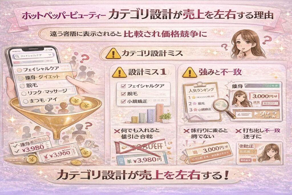 ホットペッパービューティーのカテゴリ設計が売上に影響する理由を解説した横型インフォグラフィック。カテゴリが検索導線の入口であることと、広げすぎ・強み不一致・導線分断の3つの設計ミスを視覚的に整理している。