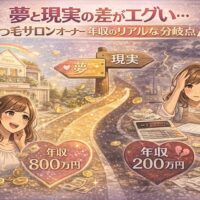 夢と現実で年収に大きな差が出るまつ毛サロンオーナーの分岐点を表現したイラスト。成功ルートと苦戦ルートが対比されている。