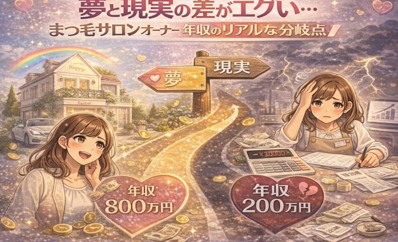 夢と現実で年収に大きな差が出るまつ毛サロンオーナーの分岐点を表現したイラスト。成功ルートと苦戦ルートが対比されている。