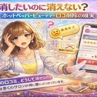 ホットペッパービューティーの口コミを消したいのに削除できず困惑するサロンオーナーを描いたアイキャッチ画像。スマホ画面に残る口コミ表示と疑問符で、口コミ削除の現実を表現。