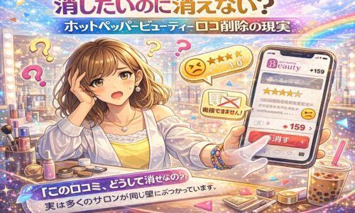 ホットペッパービューティーの口コミを消したいのに削除できず困惑するサロンオーナーを描いたアイキャッチ画像。スマホ画面に残る口コミ表示と疑問符で、口コミ削除の現実を表現。