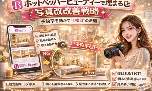 ホットペッパービューティーで予約率を上げるための写真改善戦略を解説するアイキャッチ画像。スマホ画面に掲載されたサロン写真、カメラを持つ女性、チェックリスト「選ばれる1枚目」「明るく清潔感ある写真」「見やすい構図」などが配置され、予約率UPを強調しているデザイン。