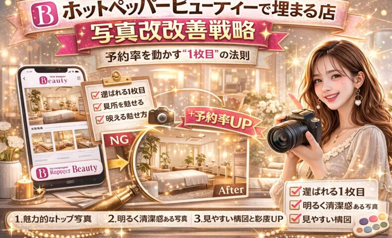 ホットペッパービューティーで予約率を上げるための写真改善戦略を解説するアイキャッチ画像。スマホ画面に掲載されたサロン写真、カメラを持つ女性、チェックリスト「選ばれる1枚目」「明るく清潔感ある写真」「見やすい構図」などが配置され、予約率UPを強調しているデザイン。