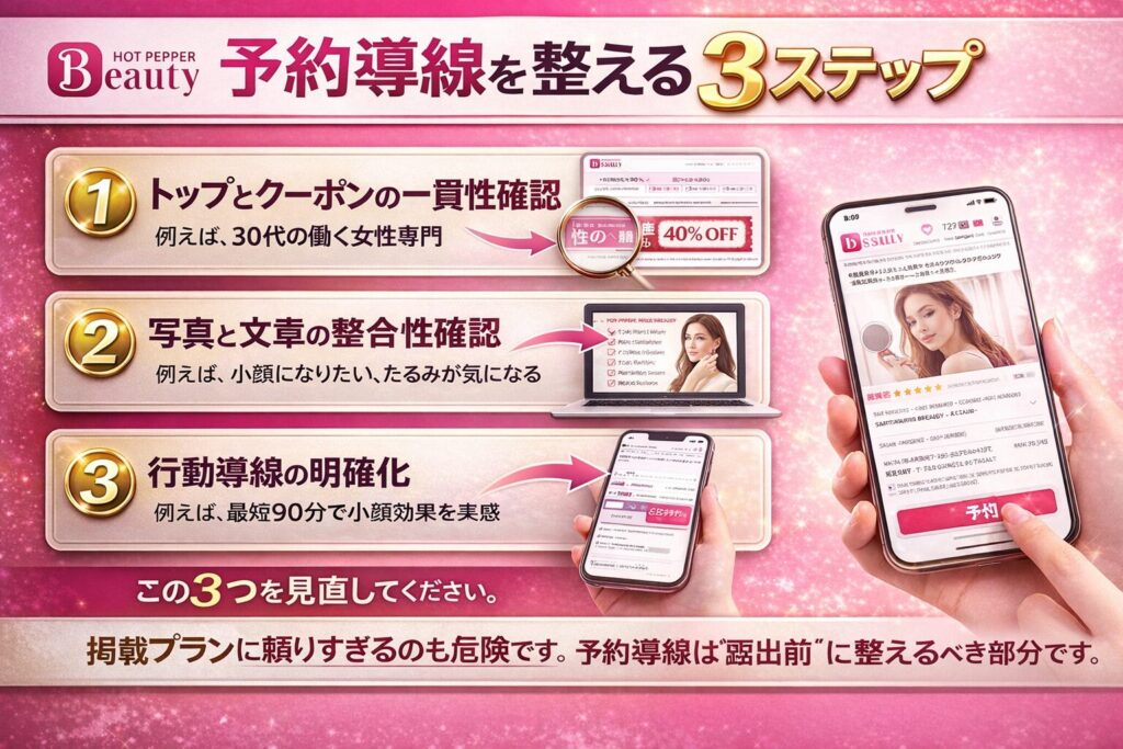 ホットペッパービューティー 予約導線を整える3ステップ(トップとクーポンの一貫性確認・写真と文章の整合性確認・行動導線の明確化)を解説した横型インフォグラフィック画像