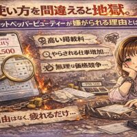 使い方を間違えると地獄。ホットペッパービューティーが嫌がられる理由を表現したアイキャッチ画像。高い掲載料や価格競争に疲弊し、悩むサロンオーナーのイラスト。