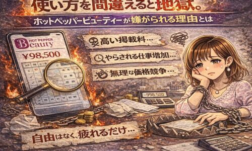 使い方を間違えると地獄。ホットペッパービューティーが嫌がられる理由を表現したアイキャッチ画像。高い掲載料や価格競争に疲弊し、悩むサロンオーナーのイラスト。