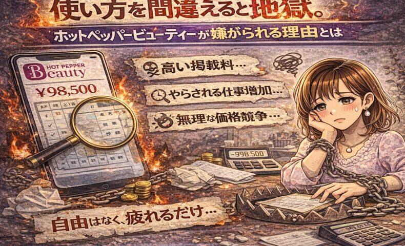 使い方を間違えると地獄。ホットペッパービューティーが嫌がられる理由を表現したアイキャッチ画像。高い掲載料や価格競争に疲弊し、悩むサロンオーナーのイラスト。
