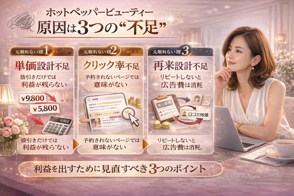 ホットペッパービューティー掲載料が高い・元取れない理由を「単価設計不足・クリック率不足・再来設計不足」の3点で解説する横型マーケティング画像