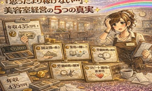 美容室経営で思ったより稼げない現実をテーマに、年収435万円の表示や固定費・集客・労働時間の課題に悩む美容師を描いたアンティーク調アニメ風アイキャッチ画像