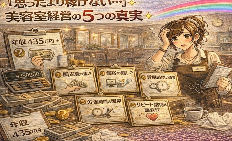 美容室経営で思ったより稼げない現実をテーマに、年収435万円の表示や固定費・集客・労働時間の課題に悩む美容師を描いたアンティーク調アニメ風アイキャッチ画像