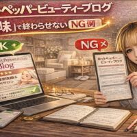 ホットペッパービューティーブログの書き方に悩むサロン経営者が、パソコン画面を見ながら記事構成を考えているイメージ画像