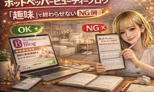ホットペッパービューティーブログの書き方に悩むサロン経営者が、パソコン画面を見ながら記事構成を考えているイメージ画像