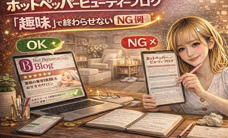 ホットペッパービューティーブログの書き方に悩むサロン経営者が、パソコン画面を見ながら記事構成を考えているイメージ画像