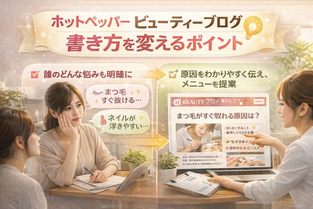 ホットペッパービューティーブログ書き方を変えるポイントを解説する横型画像。一記事一悩みに絞り、原因説明からメニュー提案までの流れを示したビジュアル。
