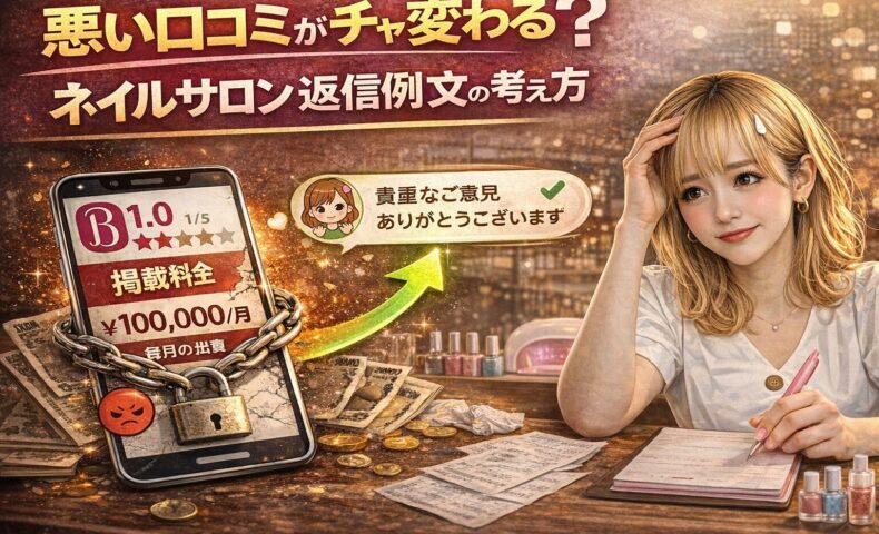 悪い口コミに悩むネイルサロン経営者の女性と、低評価レビューが表示されたスマホ、返信によって好転する様子を表したイメージ画像