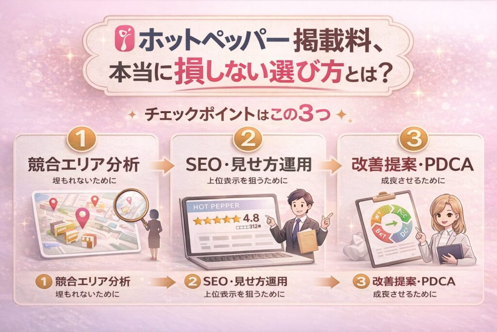ホットペッパー掲載料で損しないための3つのチェックポイント（競合エリア分析・SEOと見せ方運用・改善提案とPDCA）を解説した横型インフォグラフィック画像