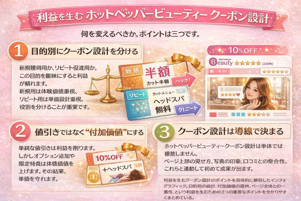 利益を生むホットペッパービューティーのクーポン設計を解説した横型インフォグラフィック。①目的別に設計を分ける、②値引きではなく付加価値にする、③導線と連動させる、の3ポイントをアイコンと図解で整理している。