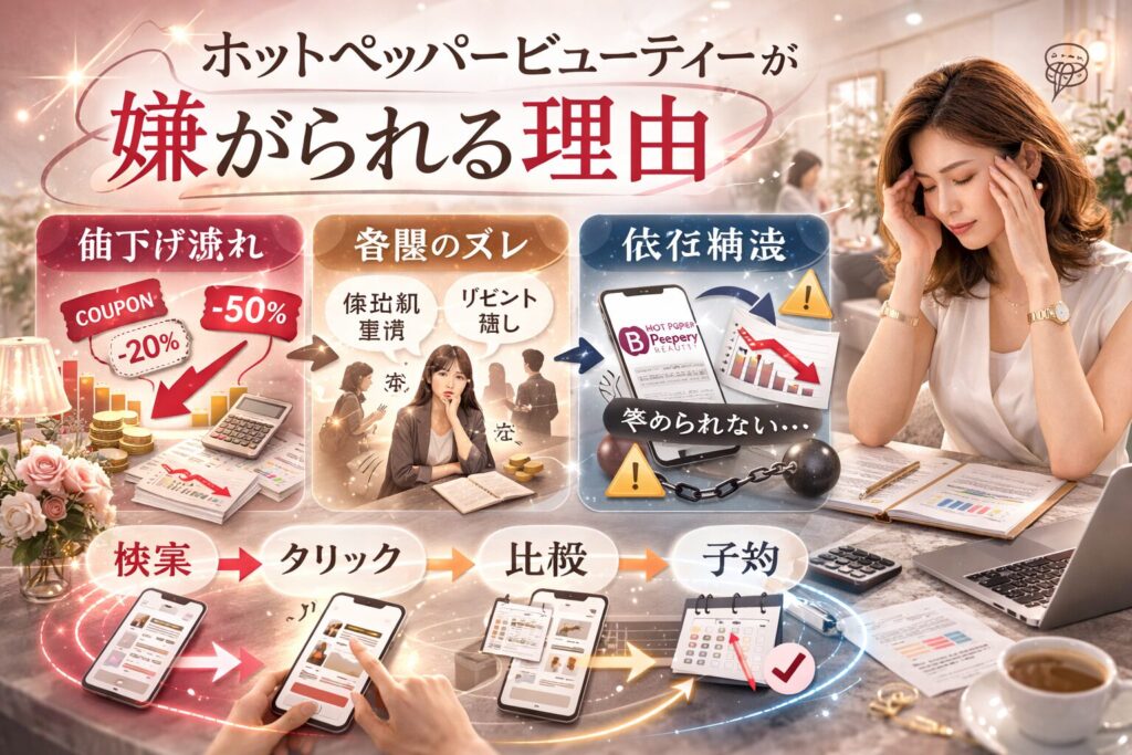 ホットペッパービューティーが嫌がられる理由を「値下げ疲れ・客層のズレ・依存構造」の3つで解説する美容サロン向け横型マーケティング画像
