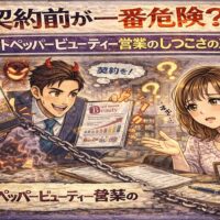 契約前が一番危険？ホットペッパービューティー営業のしつこさの正体を描いたアイキャッチ画像。強引に契約を迫る営業担当と、不安そうに戸惑うサロンオーナーの対比イラスト。