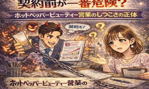 契約前が一番危険？ホットペッパービューティー営業のしつこさの正体を描いたアイキャッチ画像。強引に契約を迫る営業担当と、不安そうに戸惑うサロンオーナーの対比イラスト。