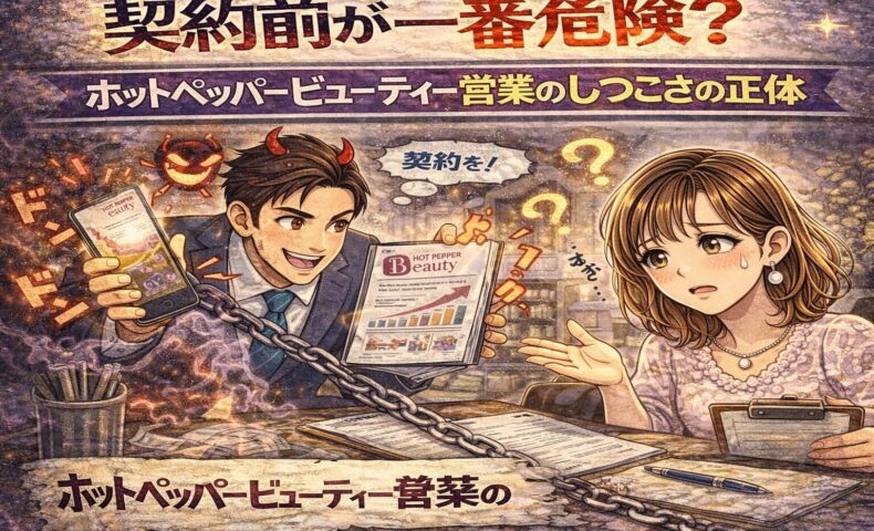契約前が一番危険？ホットペッパービューティー営業のしつこさの正体を描いたアイキャッチ画像。強引に契約を迫る営業担当と、不安そうに戸惑うサロンオーナーの対比イラスト。