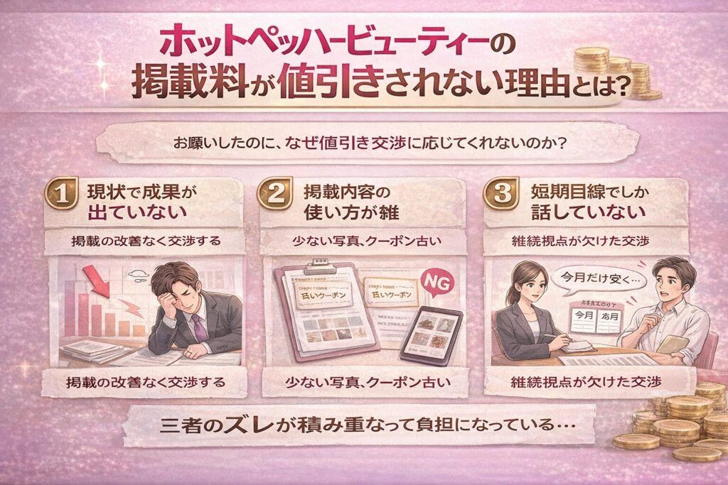 ホットペッパービューティー掲載料が値引きされない理由を解説した横型インフォグラフィック。成果不足・運用未改善・短期交渉・媒体任せ姿勢の特徴を示す画像。