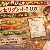 売上向上につながるカウンセリングシートの作り方を解説するサロン向けアイキャッチ画像。チェック項目付きシートや売上グラフ、悩むオーナーと改善後のイメージが描かれている日本風イラスト。