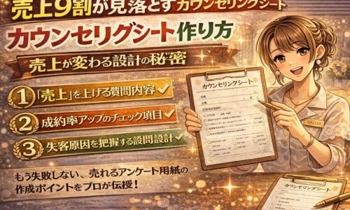 売上向上につながるカウンセリングシートの作り方を解説するサロン向けアイキャッチ画像。チェック項目付きシートや売上グラフ、悩むオーナーと改善後のイメージが描かれている日本風イラスト。