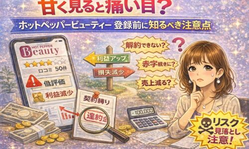 甘く見ると痛い目？ホットペッパービューティー登録前に知るべき注意点を解説したアイキャッチ画像。契約書や注意マークを前に悩むサロンオーナーを描いたイラスト。