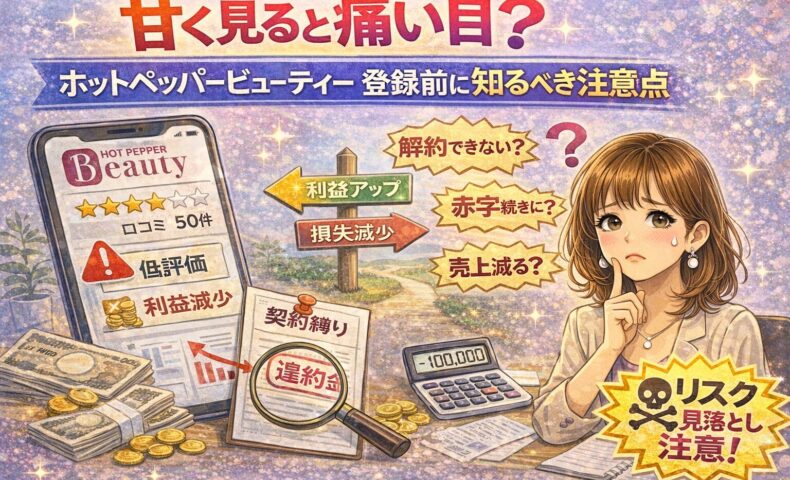 甘く見ると痛い目？ホットペッパービューティー登録前に知るべき注意点を解説したアイキャッチ画像。契約書や注意マークを前に悩むサロンオーナーを描いたイラスト。