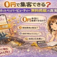 0円で集客できる？ホットペッパービューティー無料掲載の真実を解説するアイキャッチ画像。¥0掲載に疑問を持つサロンオーナーと、追加費用や集客不足を示すイラスト。
